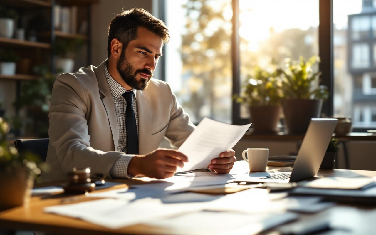 Un avocat et le propriétaire d'une PME examinent des preuves documentées dans un bureau lumineux, assis à une table en bois avec des dossiers, un ordinateur portable et des notes, éclairés par une lumière douce traversant une grande fenêtre.