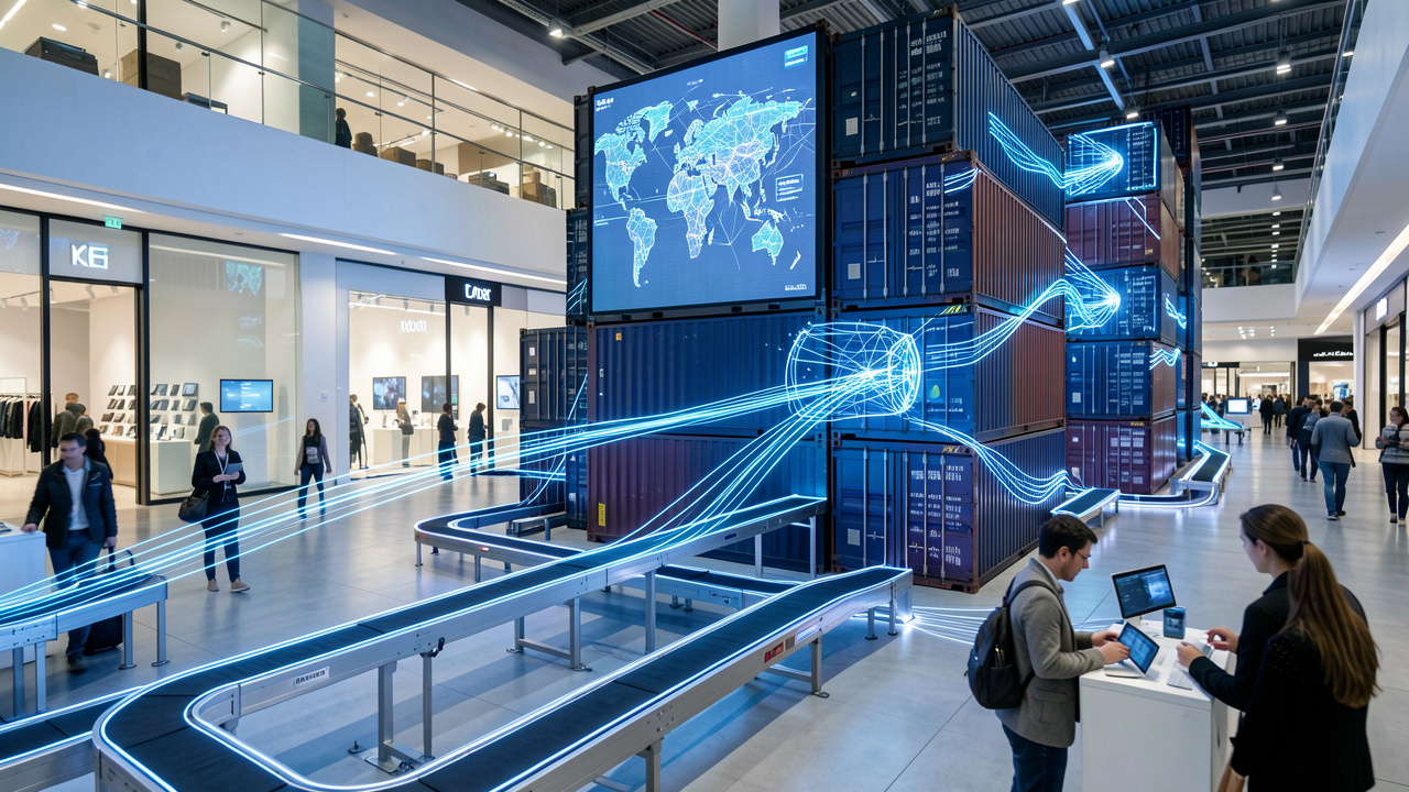Scène de commerce mondial numérique avec flux logistiques lumineux reliant des conteneurs et des routes automatisées, écrans modernes affichant des cartes abstraites, et consommateurs dans un espace contemporain.