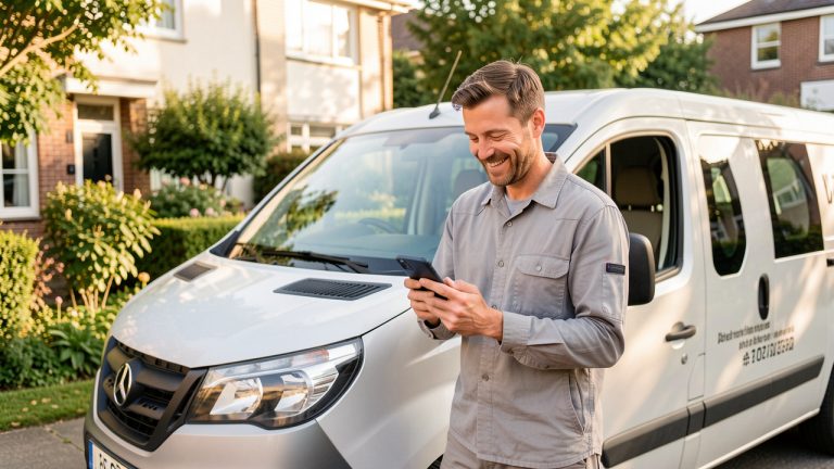 Artisan souriant debout devant son véhicule de service, consultant des avis clients sur son smartphone dans un quartier résidentiel lumineux.