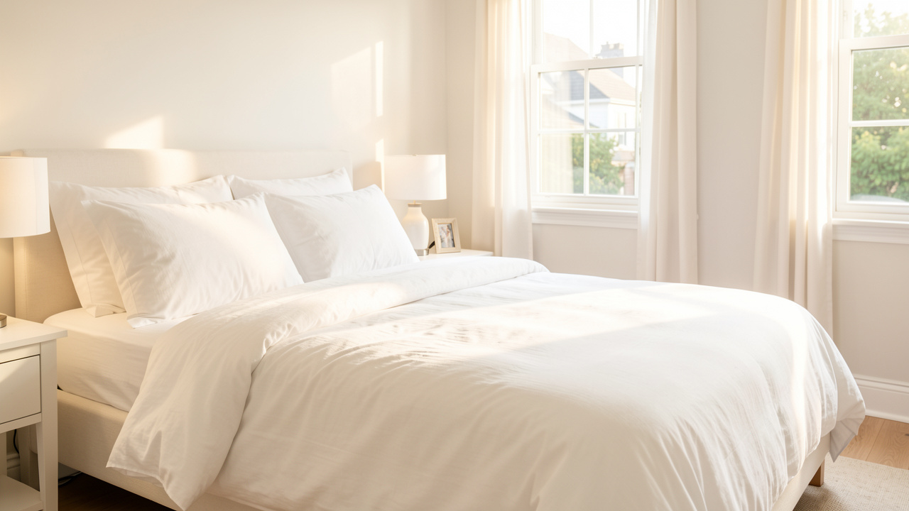 Chambre lumineuse et impeccable, literie blanche parfaitement rangée, sols et surfaces fraîchement nettoyés, ambiance calme et apaisante.