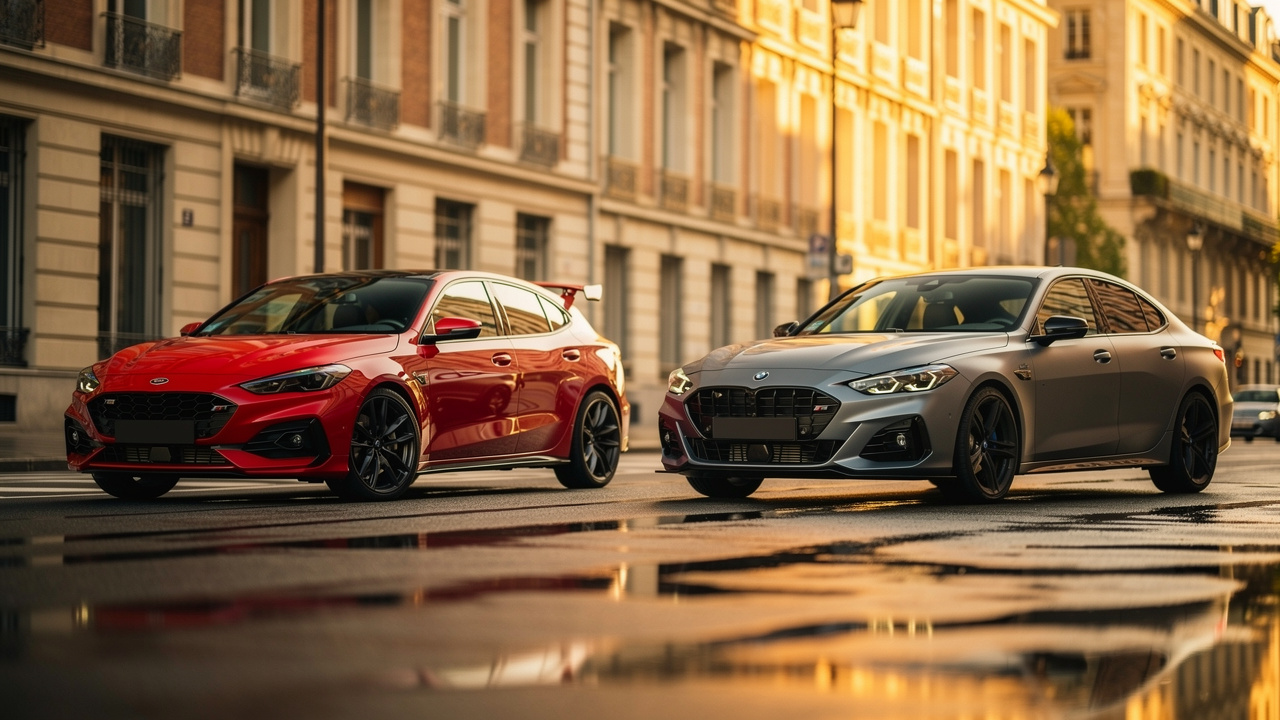 Deux voitures compactes sportives garées côte à côte, une Golf GTI rouge et une Audi RS3 grise, dans un environnement urbain élégant avec reflets sur la chaussée.