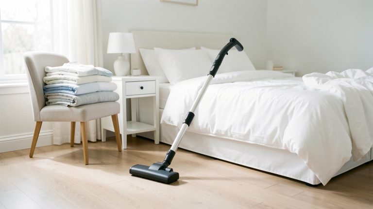 Intérieur d’une chambre propre et rangée, aspirateur en action sur le sol, linge trié et ambiance lumineuse et saine.