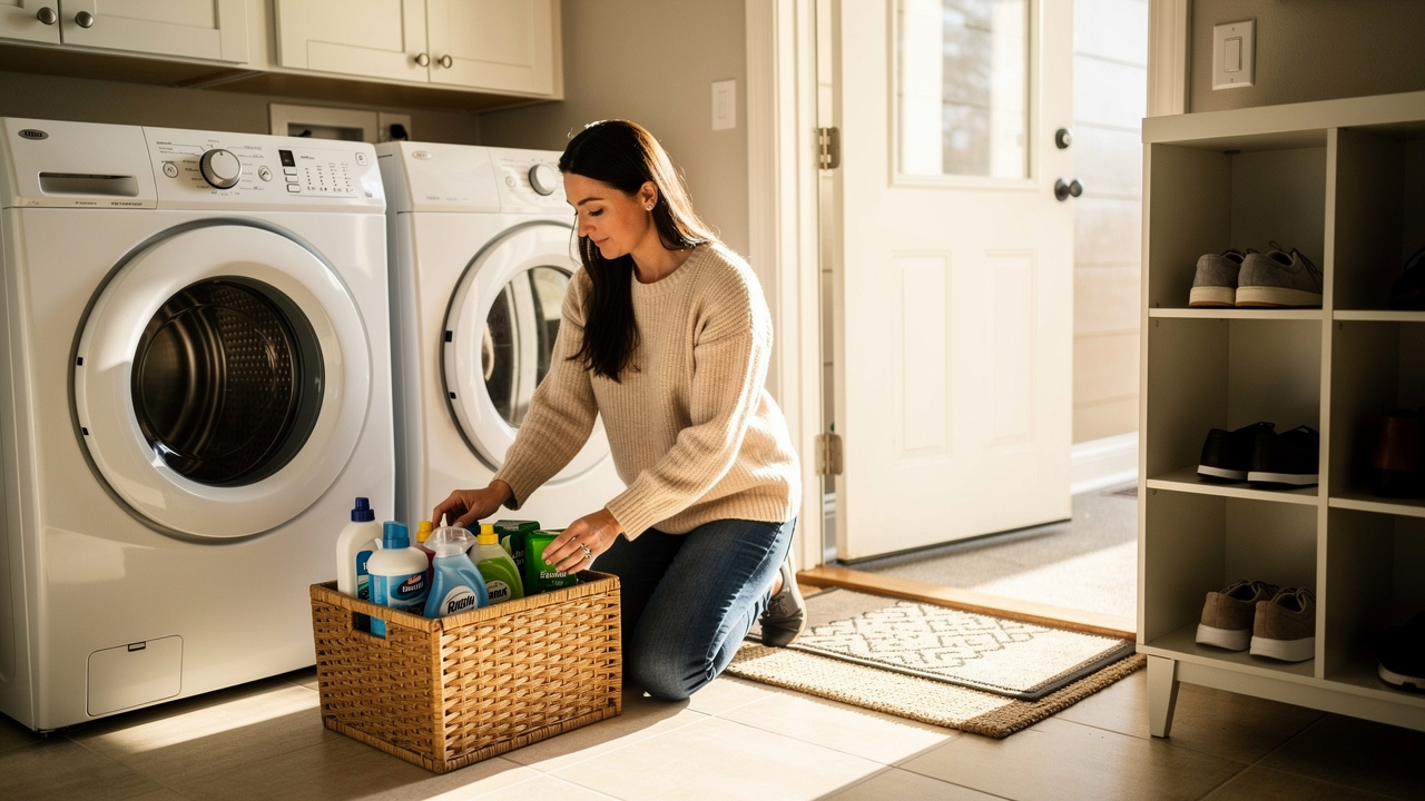Une femme range des produits d’entretien dans un panier au sein d’une buanderie ordonnée, près d’une entrée avec deux paillassons et un meuble à chaussures compartimenté.
