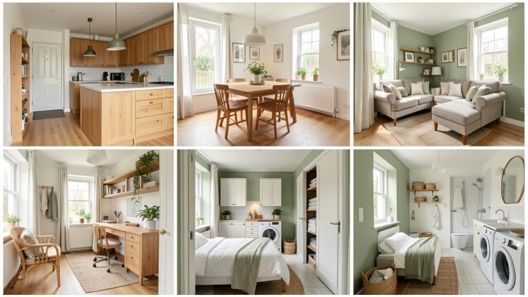 Intérieur lumineux d’une maison française présentant huit espaces fonctionnels et bien organisés, avec rangements, cuisine, coin repas, salon, bureau, buanderie, chambre et salle de bains.