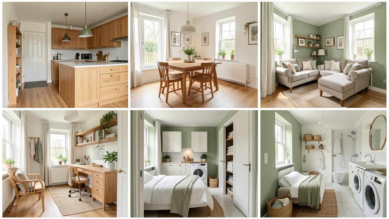 Intérieur lumineux d’une maison française présentant huit espaces fonctionnels et bien organisés, avec rangements, cuisine, coin repas, salon, bureau, buanderie, chambre et salle de bains.