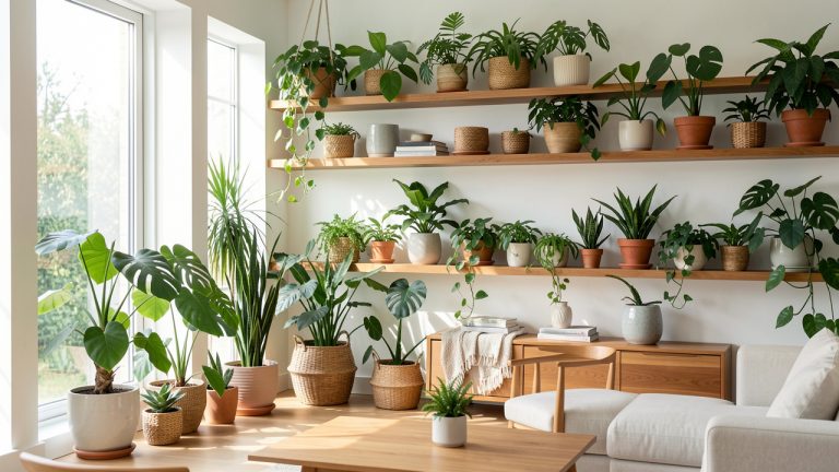 Salon contemporain lumineux décoré de nombreuses plantes vertes dans des pots variés, avec des étagères en bois et une ambiance chaleureuse.