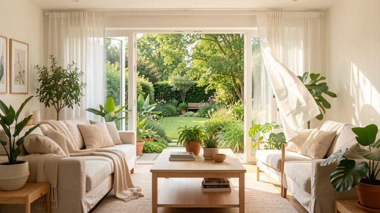 Salon lumineux et aéré avec de grandes fenêtres ouvertes sur un jardin, des plantes vertes et une décoration intérieure saine et naturelle.