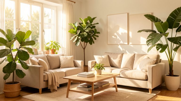 Salon lumineux et chaleureux avec plusieurs plantes d’intérieur disposées près de grandes fenêtres baignées de lumière naturelle.