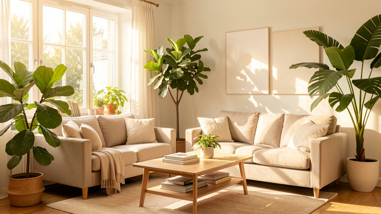 Salon lumineux et chaleureux avec plusieurs plantes d’intérieur disposées près de grandes fenêtres baignées de lumière naturelle.