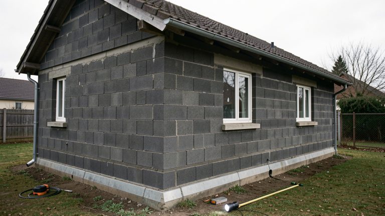 Maison ancienne en mâchefer observée sous un ciel couvert, avec des outils de contrôle disposés au premier plan pour une inspection avant achat.