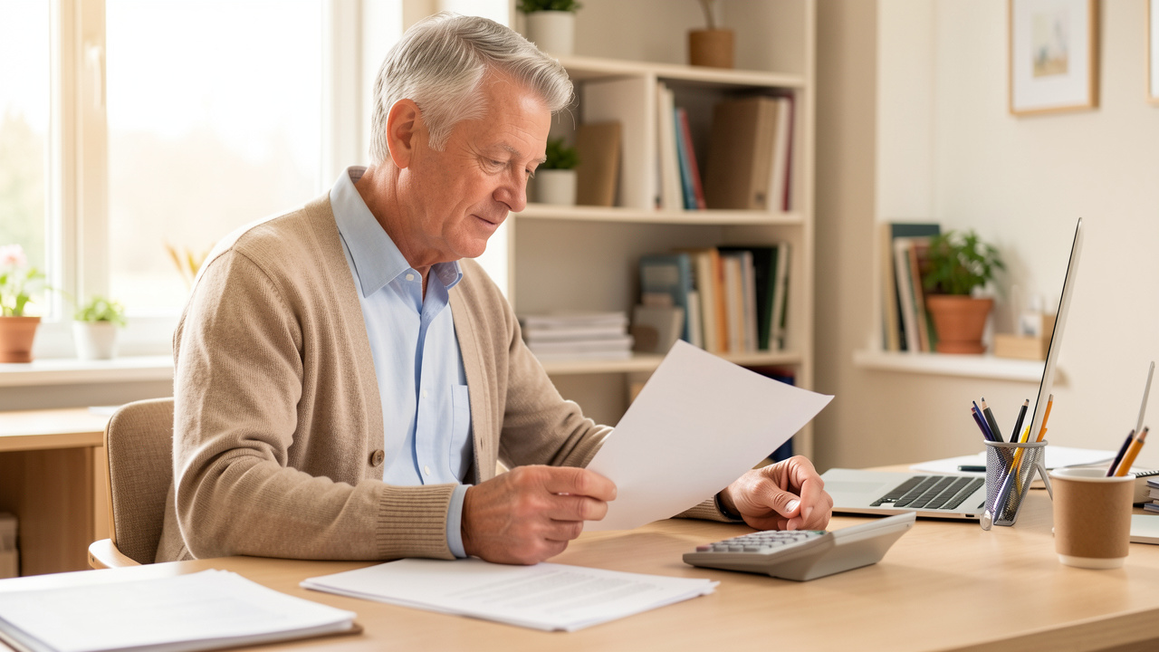 Homme retraité actif de 62 ans consultant des documents vierges et une calculatrice sur un bureau lumineux à domicile.