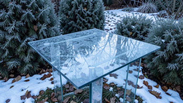 Table de jardin en verre laissée dehors en hiver, légèrement couverte de givre et entourée de neige et de végétation persistante.