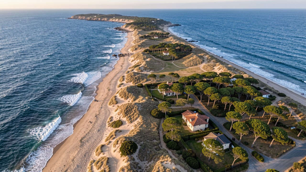 Vue aérienne réaliste de la presqu’île du Cap Ferret, avec ses dunes atlantiques, ses maisons discrètes entourées de pins et son océan agité sous une lumière naturelle.