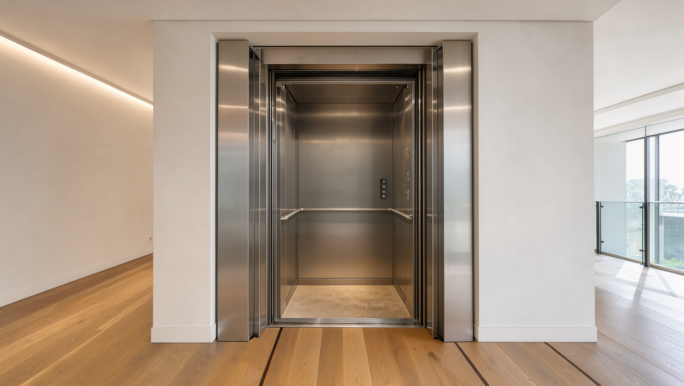 Ascenseur résidentiel moderne intégré dans une maison contemporaine, avec portes métalliques ouvertes, intérieur lumineux et finitions élégantes.