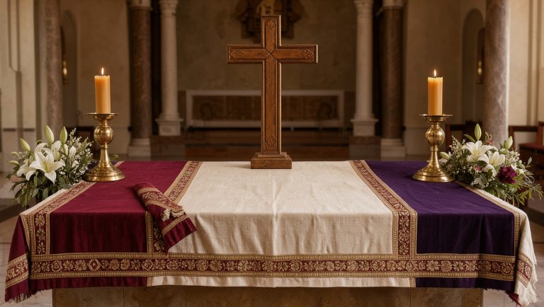 Autel d’église lumineux avec des textiles liturgiques colorés soigneusement disposés dans une ambiance recueillie et élégante.