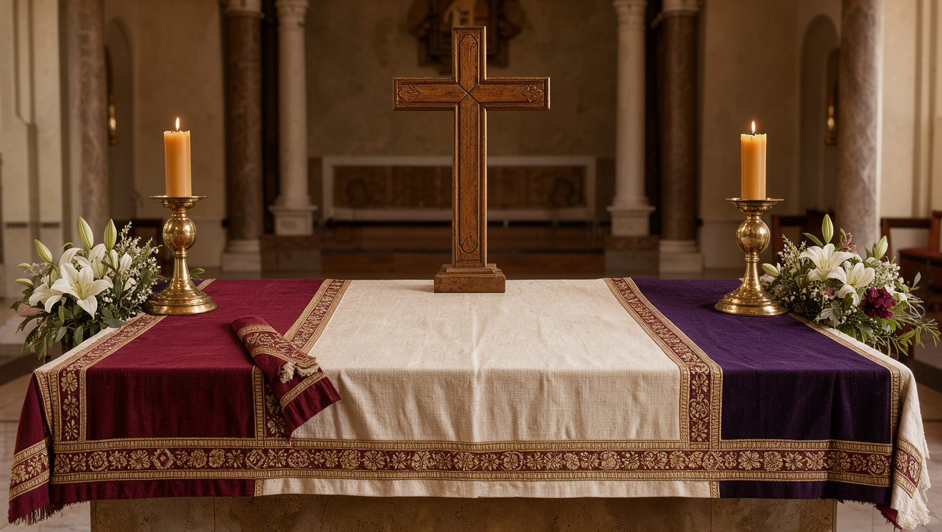 Autel d’église lumineux avec des textiles liturgiques colorés soigneusement disposés dans une ambiance recueillie et élégante.