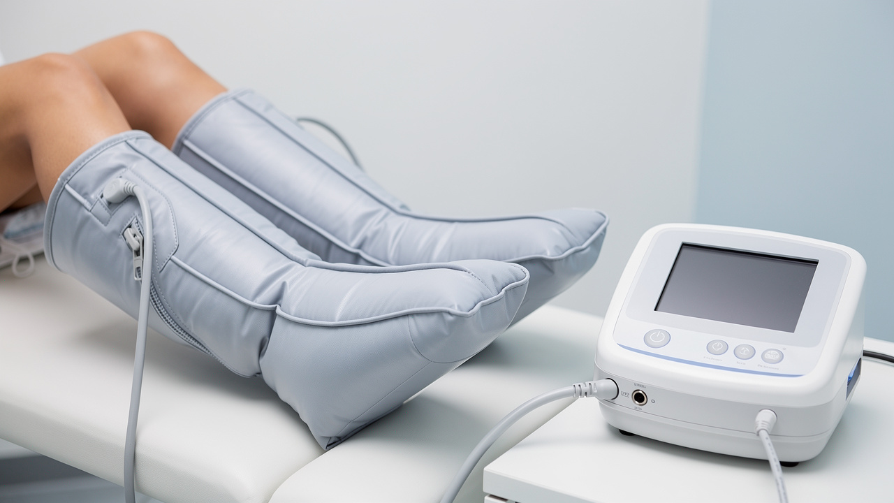 Gros plan réaliste sur des bottes de compression gonflables entourant les jambes, reliées à un boîtier médical doté d’un affichage non lisible.