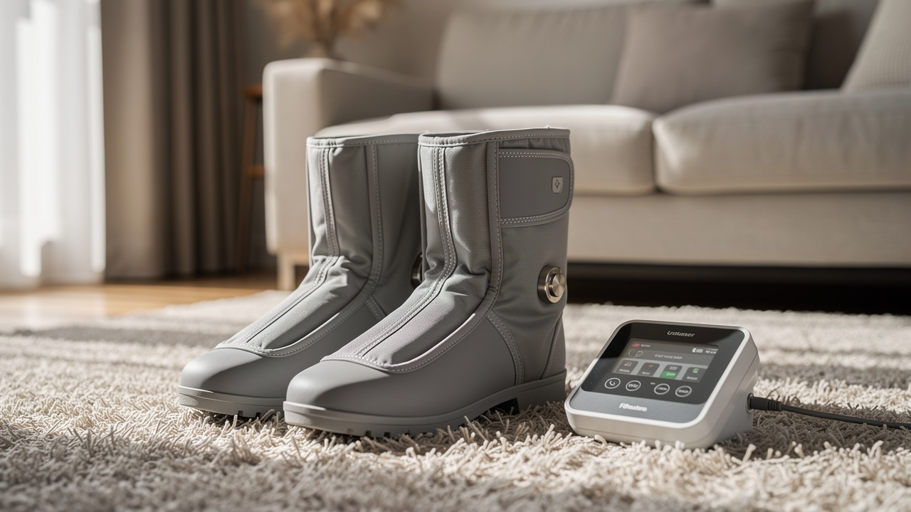 Bottes modernes de pressothérapie posées sur un tapis de salon, avec leur boîtier de commande visible dans une pièce lumineuse.