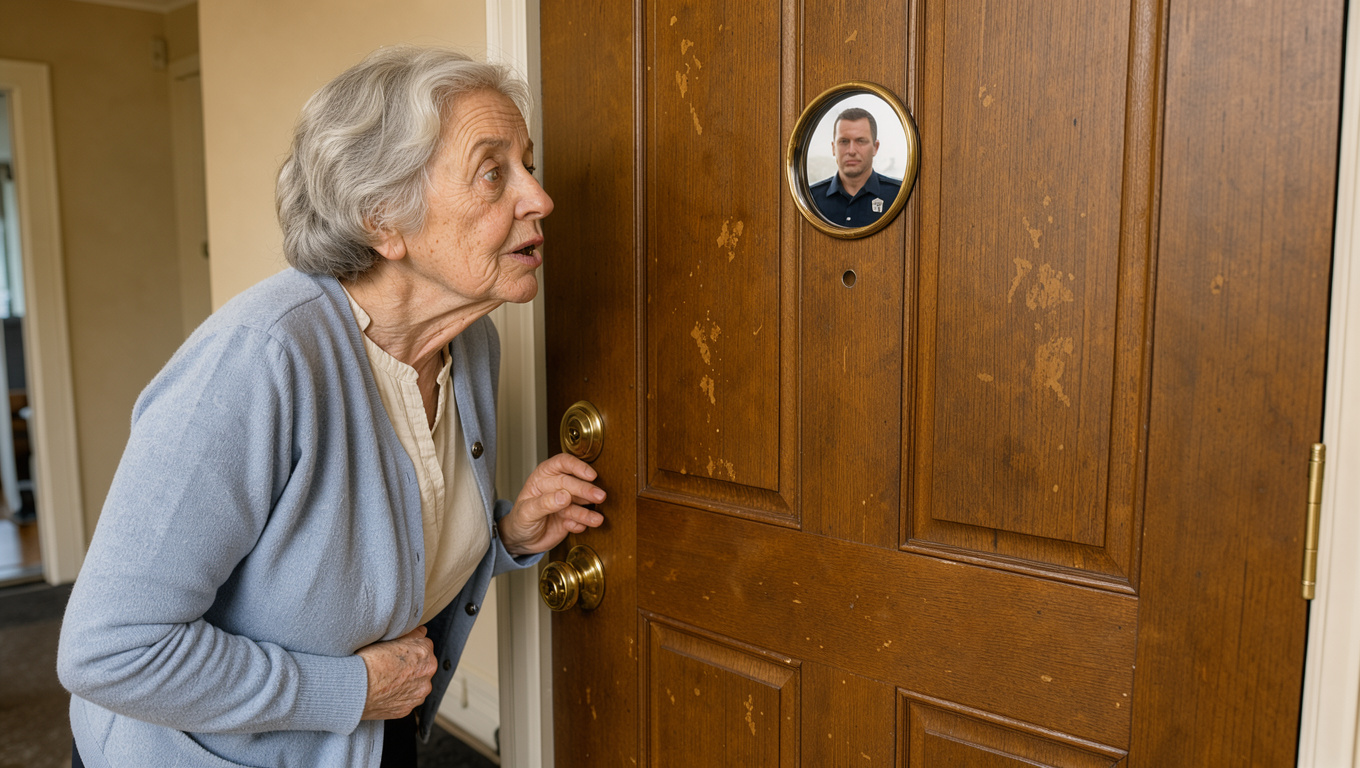 Une femme âgée parle prudemment à travers une porte d’entrée fermée avec un visiteur en uniforme visible par le judas, dans une ambiance réaliste et sécurisante.