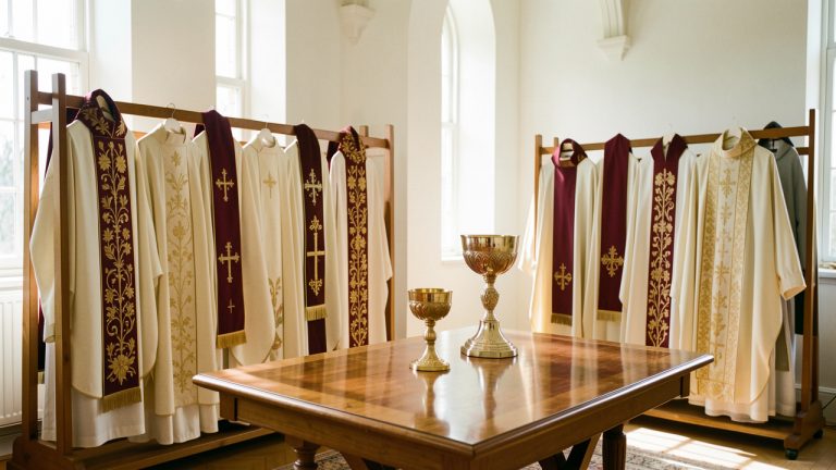 Ensemble harmonieux de vêtements liturgiques catholiques aux teintes ivoire, bordeaux et dorées, disposés dans une sacristie lumineuse sans présence humaine.